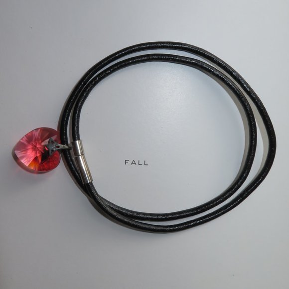 Super Cute Red Heart Crystal On Black Cord Necklace - Picture 5 of 11